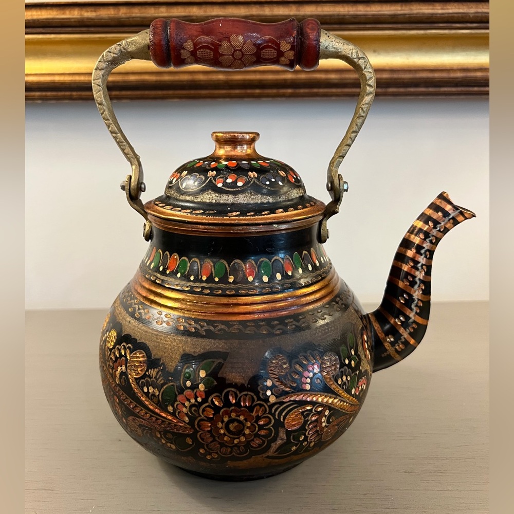 Handmade Copper Brass Turkish Teapot Hand Painted Floral Enamel Kettle Vintage